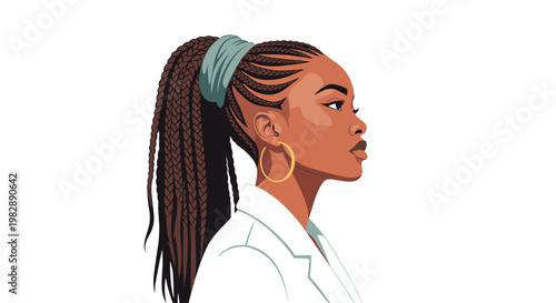Profile portrait of a confident Black woman with long braided hair tied back wearing a professional white blazer and earrings.