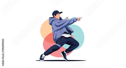 Male breakdancer performs an energetic street dance move in a blue hoodie and baggy pants against abstract colorful circles.
