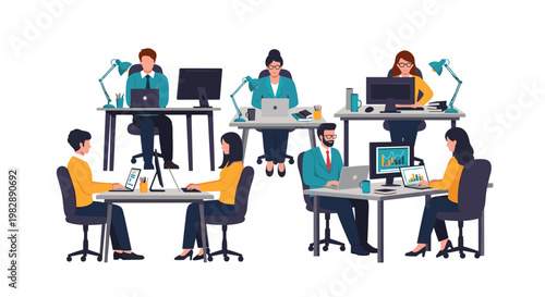 Professional team works in a modern open office space with individual desks and computers in a productive corporate setting.