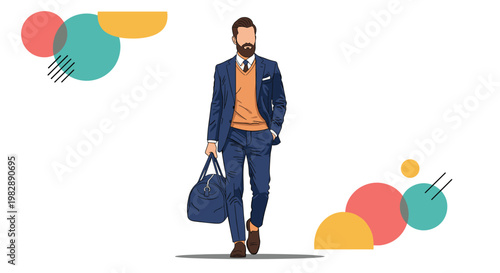 Handsome bearded man in a navy suit and orange sweater vest walks confidently while carrying a large blue travel duffel bag.