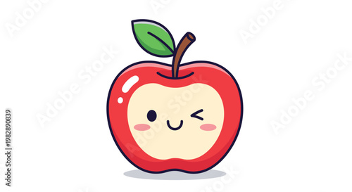 Adorable red apple cartoon character with a happy face and a playful winking eye isolated on a white background.