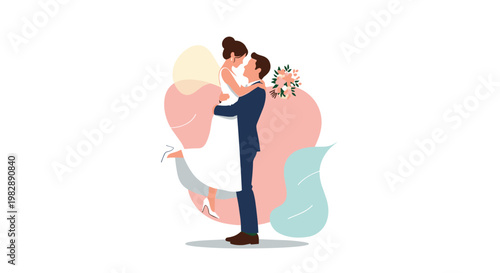 Romantic wedding couple with the groom lifting the bride while she holds a bouquet against a soft pink abstract shape.