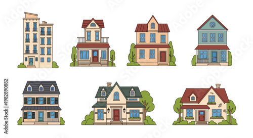 Set of seven charming suburban houses of different architectural styles and heights on a plain white background.