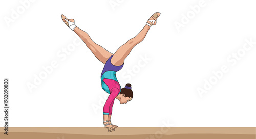 Talented female gymnast in a colorful leotard performing a handstand on a balance beam against a white background.