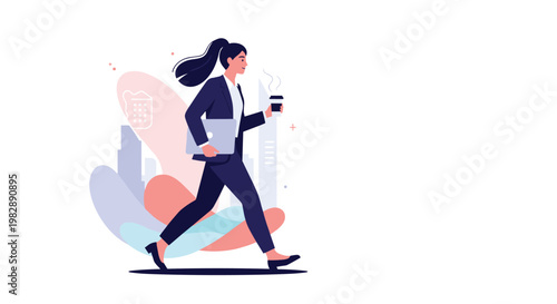 Dynamic businesswoman in a suit walking quickly with a laptop and a cup of coffee against an abstract city background.