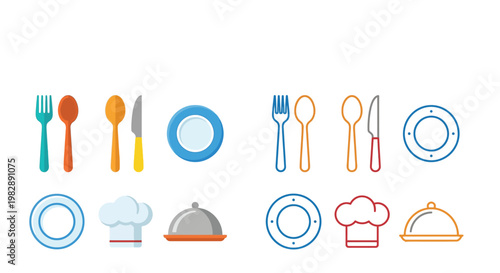 Dinnerware and restaurant icon set displaying flat and line style designs