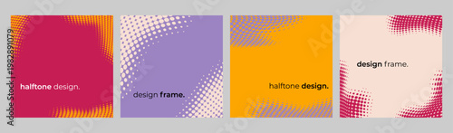 Vector illustration. Halftone colored dotted background set. Design for social media, advertisement, web banner, blog post, marketing, sales. Vibrant, faded dots. Retro geometric banners' collection