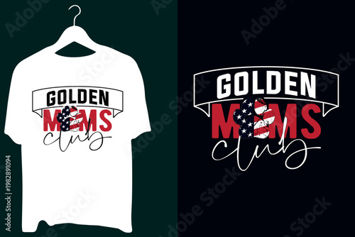 A person using a laptop computer at a modern wooden desk with a green plant and a cup of coffee nearby in bright home Patriotic Golden Retriever Moms Typography T-Shirt Design with American Flag Dog ,