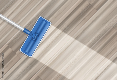 Realistic mop washing wooden tile floor. Vector realistic illustration of professional cleaning service banner design, home hygiene, interior surface shining after detergent, parquet polish care