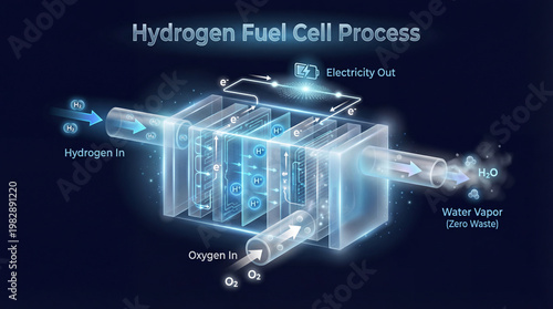 Hydrogen fuel cell process glows. Hydrogen diagram shows fuel cell layers with oxygen input, electron flow, electricity output, water vapor release, clean energy concept for technology education