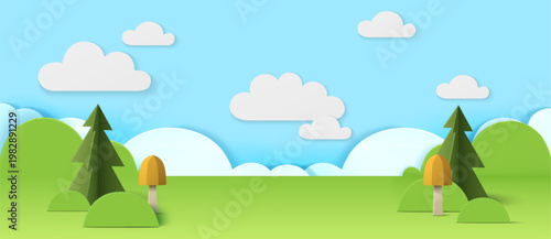Paper cut forest scene with 3d trees, mushrooms, and blue sky with white clouds, vector background. Craft layered origami woodland with green meadow and bushes, wild nature scenery