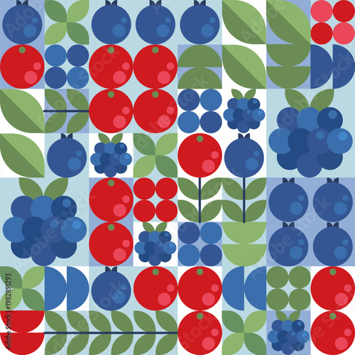 Geometric berry pattern with blue and red berries in minimalist flat style. Abstract vector fruit icons for seamless backgrounds, packaging design, or modern decorative elements.