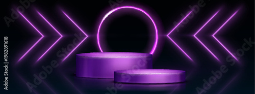 Casino podium with neon lights, abstract vector background. Futuristic 3D stage platform, electrifying game show atmosphere with vibrant LED effect and glowing geometric design elements.