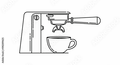 Line art of espresso machine with portafilter and cup