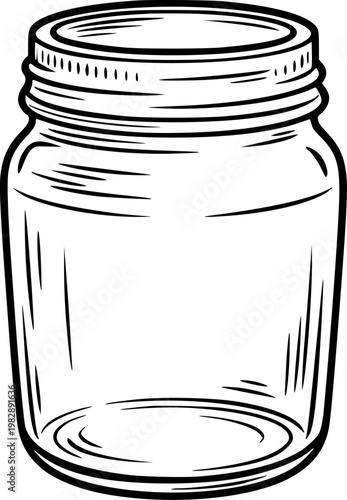 Simple hand-drawn black outline of an empty glass mason jar white background container