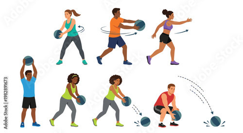 Diverse people performing medicine ball exercises for full body fitness