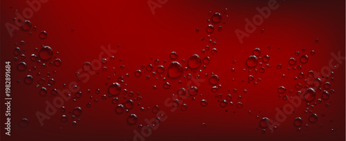 Realistic water drops splash on red surface, transparent droplets, 3d vector illustration on scarlet background. Fresh moisture effect and condensation texture, rain or shower pattern with reflection