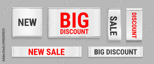 Premium white fabric label with realistic sewn texture, cotton cloth ribbon with sale and discount promo, vector icons isolated on background. Fashion brand tags and apparel badge designs
