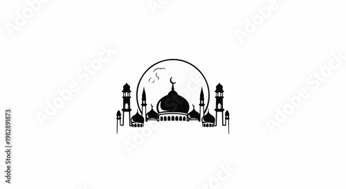 Silhouette of a grand mosque with minarets and domes against a large moon