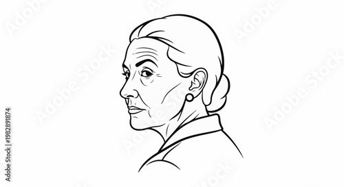 Side profile portrait of an older woman with hair in a bun and wearing a pearl earring