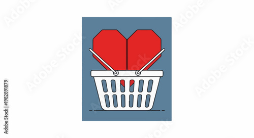 Red heart in a white shopping basket against a muted blue background