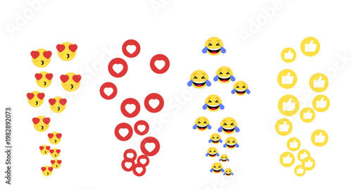 Social media emoji icons floating on white background. Vector cartoon illustration of flying heart-eyes and lol smileys, heart and thumbs-up like reactions set, feedback symbols for live streams