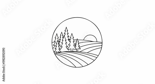 Stylized circular depiction of rolling hills with trees and a setting sun