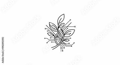 Stylized DNA helix entwined with digital circuits and plant leaves
