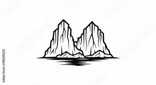 Stylized twin mountain peaks rise from calm waters, stark black and white