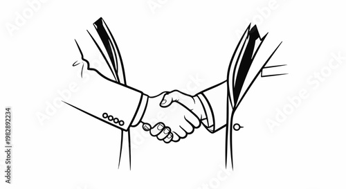 Two people in suits shaking hands in a partnership agreement