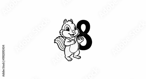 A cartoon chipmunk stands next to the number eight