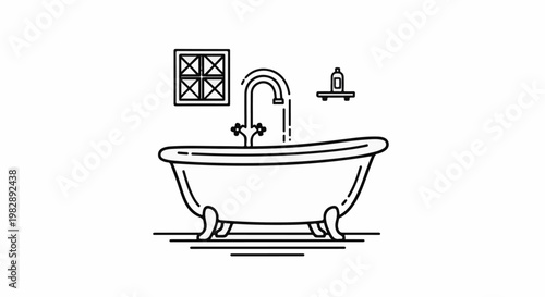 A clawfoot bathtub fills with water, near a window and shelf