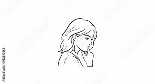 A contemplative woman with her finger to her chin in a line drawing
