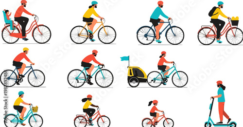 Flat vector people riding bicycles and scooters, diverse cyclists set with bike trailer and child seat, urban eco-friendly transportation collection