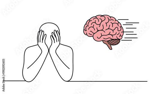 A person covering their face with their hands as a brain rapidly moves away.