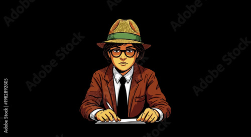 Focused Professional at Desk Writing Notes - Retro Style Illustration of a Diligent Investigator or Reporter in Fedora and Glasses