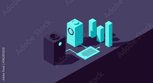 Abstract geometric cityscape with isometric building structures and lighting elements