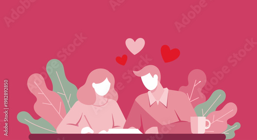 Romantic couple enjoying a quiet moment together, with hearts symbolizing love and affection