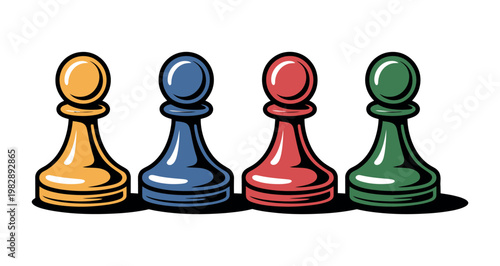 A colorful illustration of four chess pawns in different colors on a white background