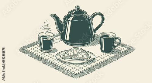 A Delicious Breakfast Scene Croissant with Coffee and Tea