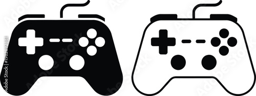 Two different video game controllers side by side in black and white illustration