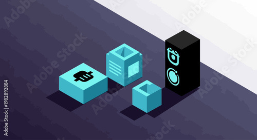 Isometric 3D rendering of audio equipment and sound boxes