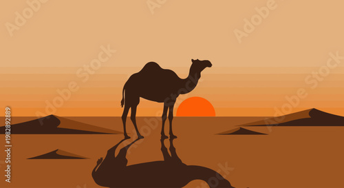 Camel silhouette in the desert at sunset, with sand dunes and a distant sun