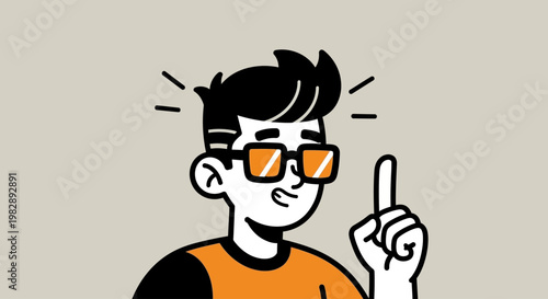 Dynamic illustration of an inspired young person having a clever new idea, pointing upwards in a moment of brilliant insight and creative thought