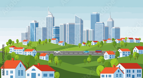 Vibrant cityscape with modern buildings nestled amidst rolling green hills and charming houses