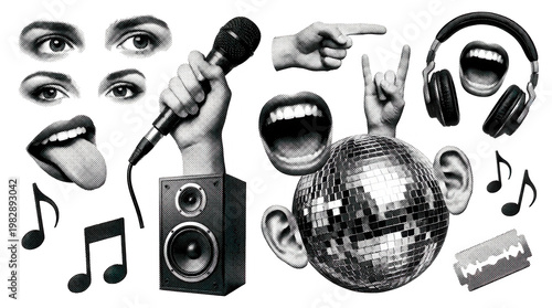 A collage of abstract elements including eyes lips microphones hands a disco ball headphones musical notes and a razor blade in a halftone style party nightlife entertainment