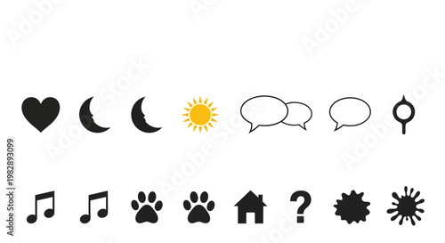 Collection of Icons Representing Love, Nature, Communication, Music, Animals, Home, and Inquiry
