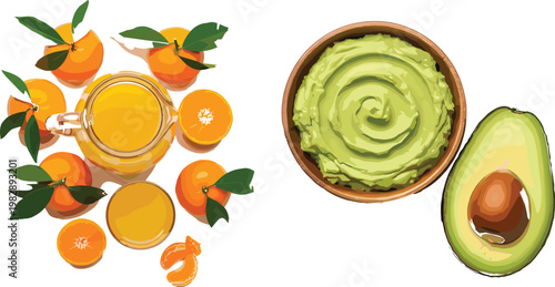 Fresh Orange Juice and Avocado with Guacamole Vector Set with Healthy Fruits, Smoothies, Organic Food, and Culinary Illustrations for Digital and Culinary Projects