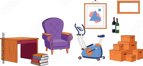 Household Furniture and Items Vector Set Featuring Desk, Chair, Elliptical Machine, Boxes, and Wall Art for Home Decor and Interior Design