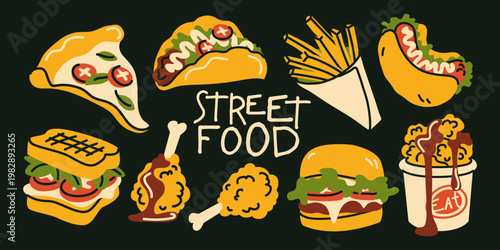 Creative street food illustration set with hand drawn pizza, taco, fries, and burgers. High quality vector graphic for cafe branding, menu covers, and food court advertising banners
